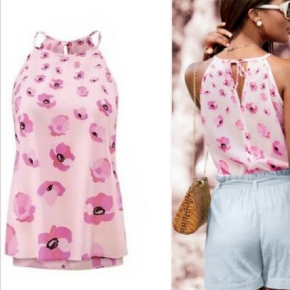 CAbi Floating Poppy Floral Halter Tank Blouse, keyhole back with tie, size small - Picture 2 of 13
